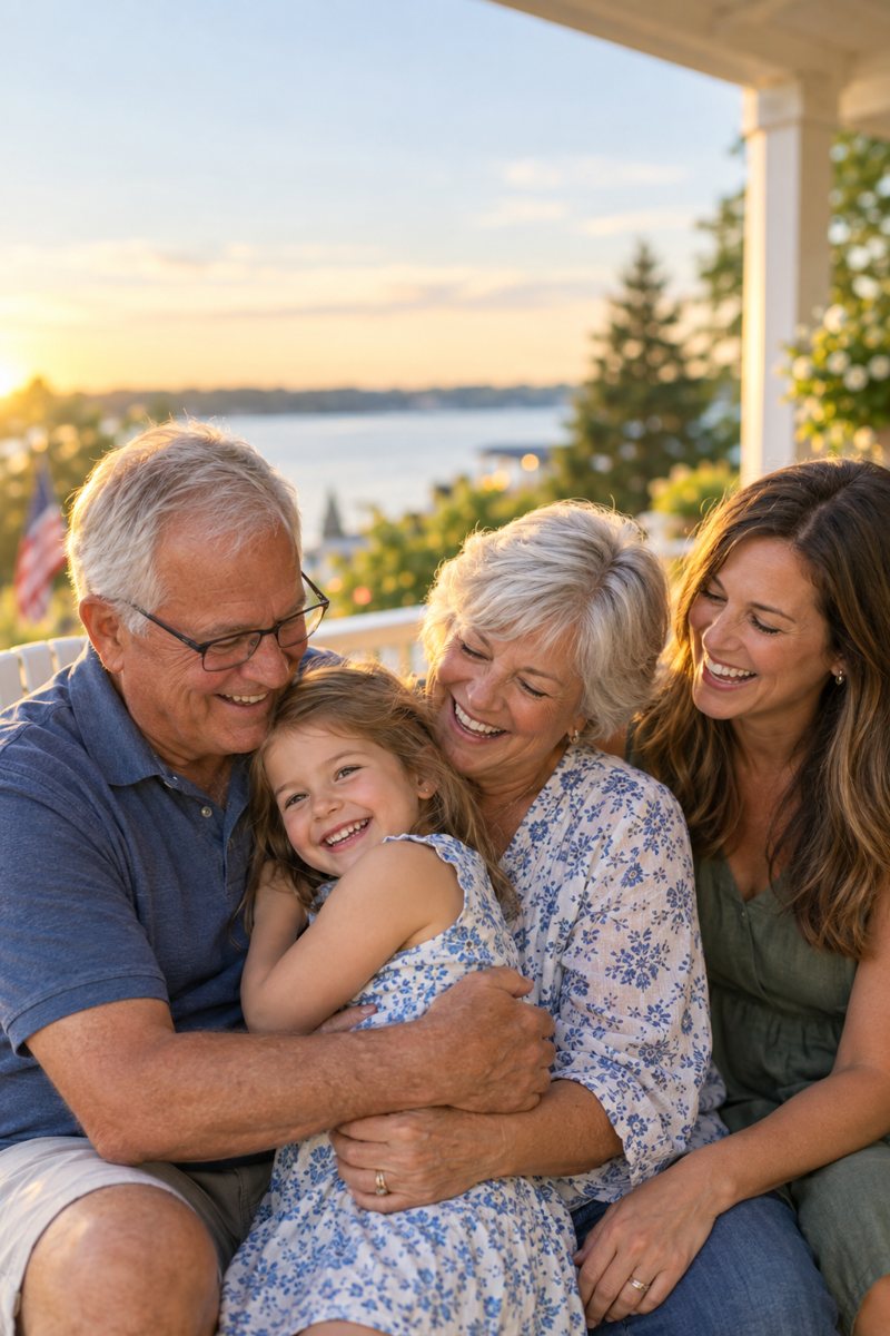 Grandparents hugging their granddaughter on a porch